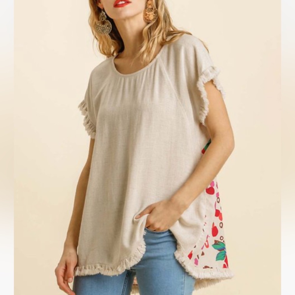 NWT Umgee Oatmeal Floral Parchwork linen blend Frayed Tee size small